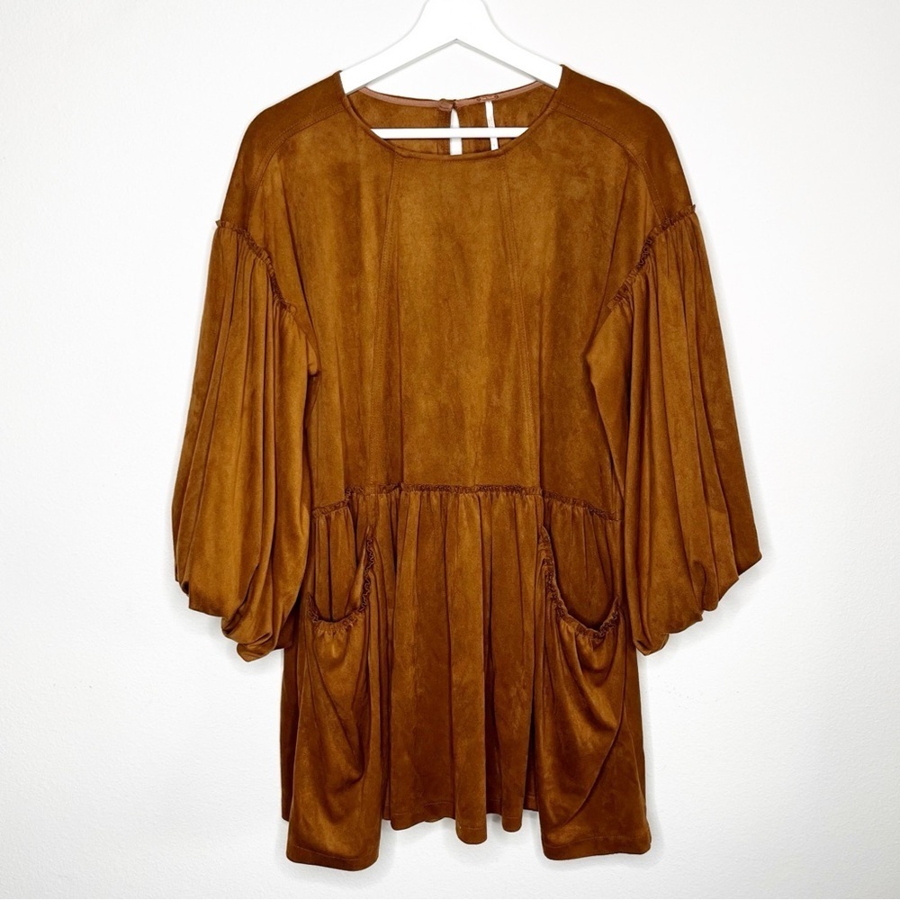 Free People Dress Summer Love Vegan Faux Suede Oversized Brown Dress Pockets XS - Picture 3 of 9